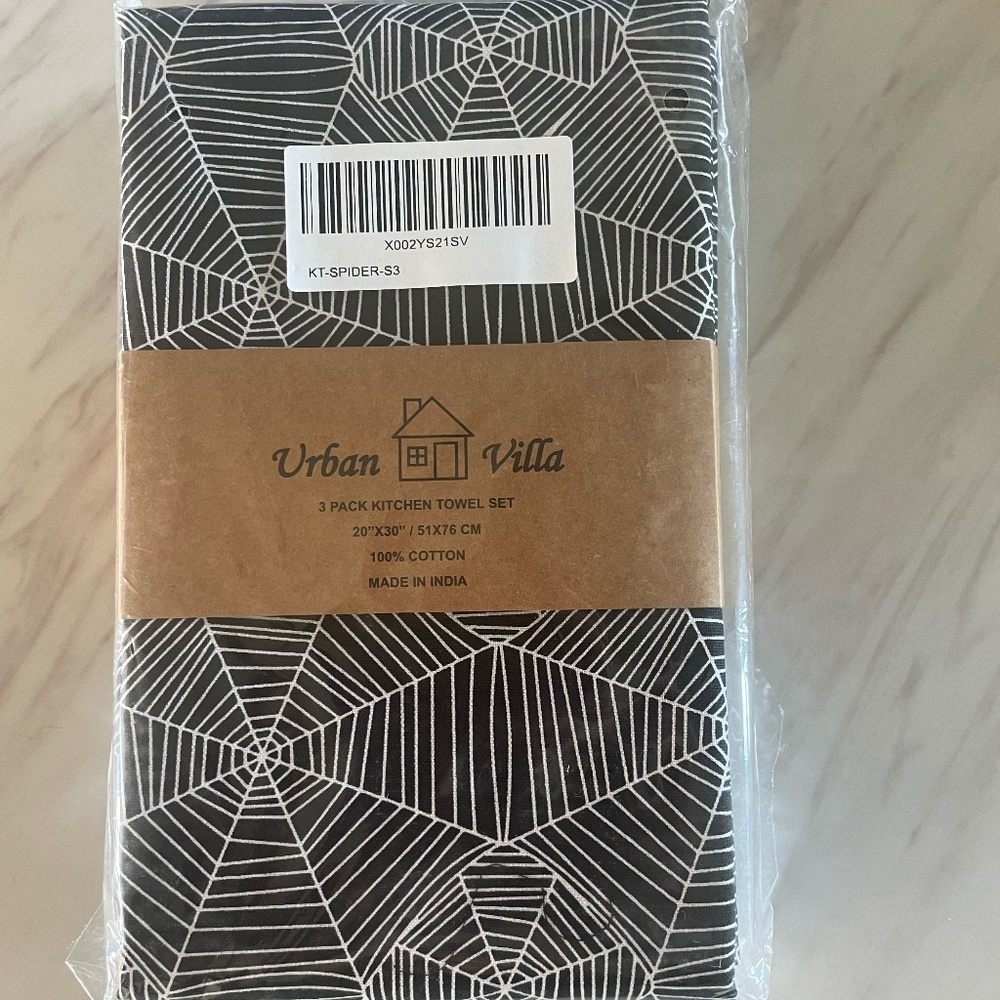 URBAN VILLA HALLOWEEN BLK/WHITE SPIDER WEB DESIGN 3 PACK KITCHEN TOWELS SET NEW